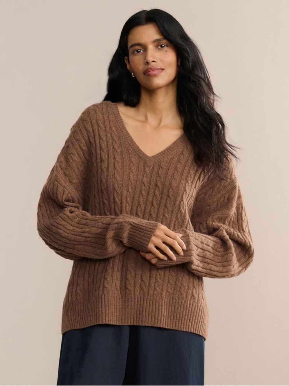 Jenni Kayne Nell V-Neck Sweater Wool Cashmere Cable Knit Loose Boxy Fit Brown
